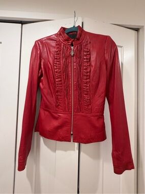 Royal Underground Red Ruffled Leather Jacket